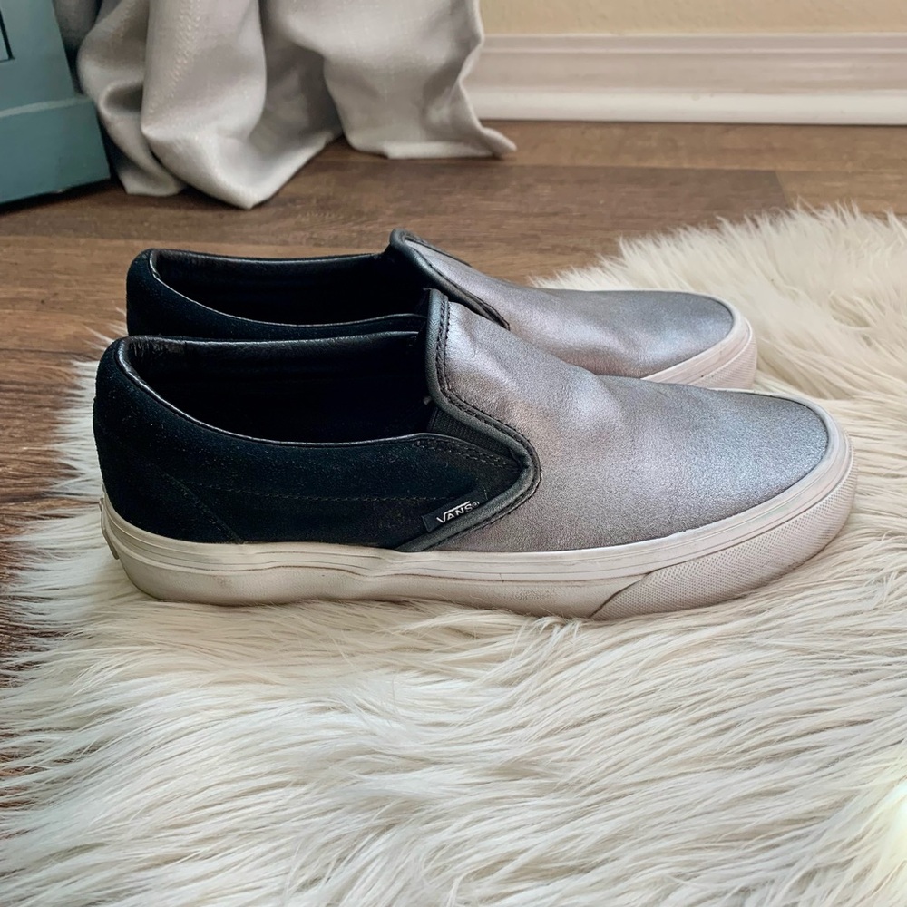 Vans Metallic Silver and Black Slip-On Sneakers - Picture 3 of 10